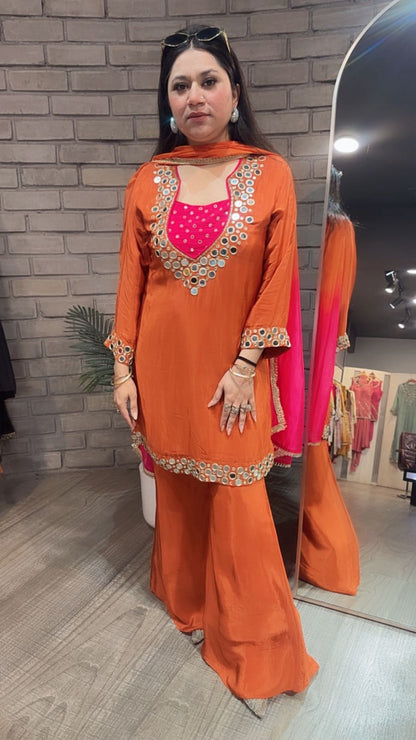 Ceskaz Orange mirror work Designer Suit