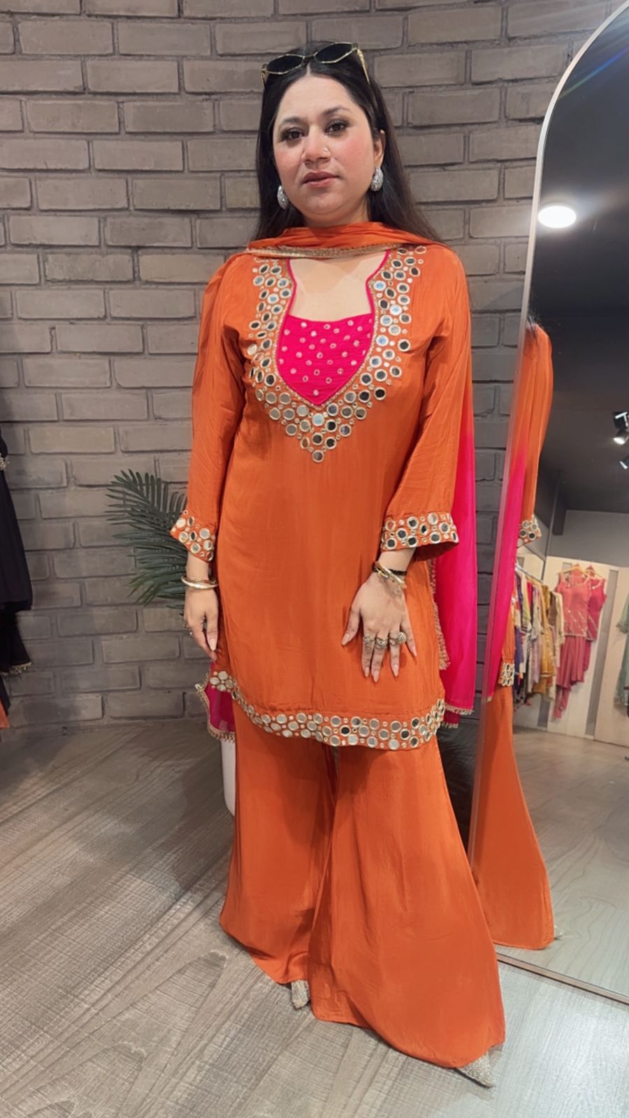 Ceskaz Orange mirror work Designer Suit