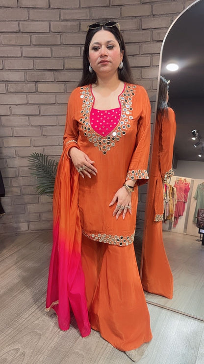 Ceskaz Orange mirror work Designer Suit
