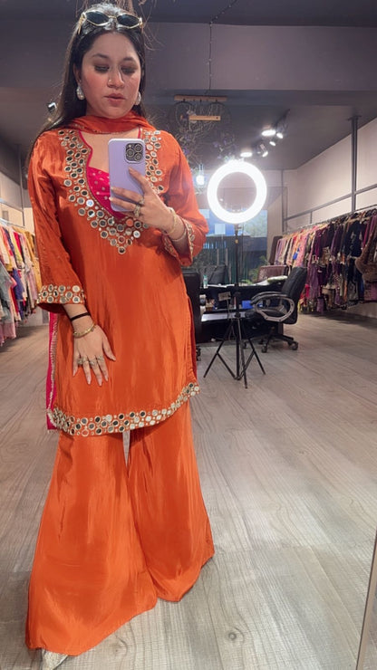 Ceskaz Orange mirror work Designer Suit