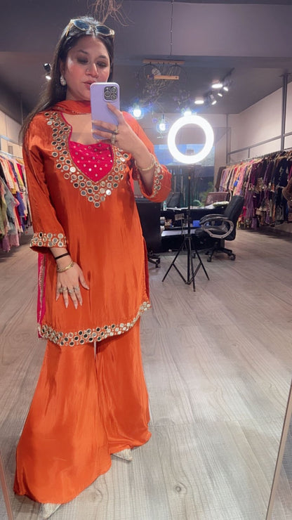 Ceskaz Orange mirror work Designer Suit