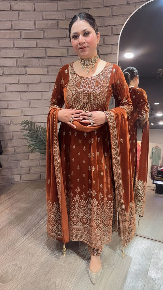 Sahiba Rust Emboss Velvet Anarkali