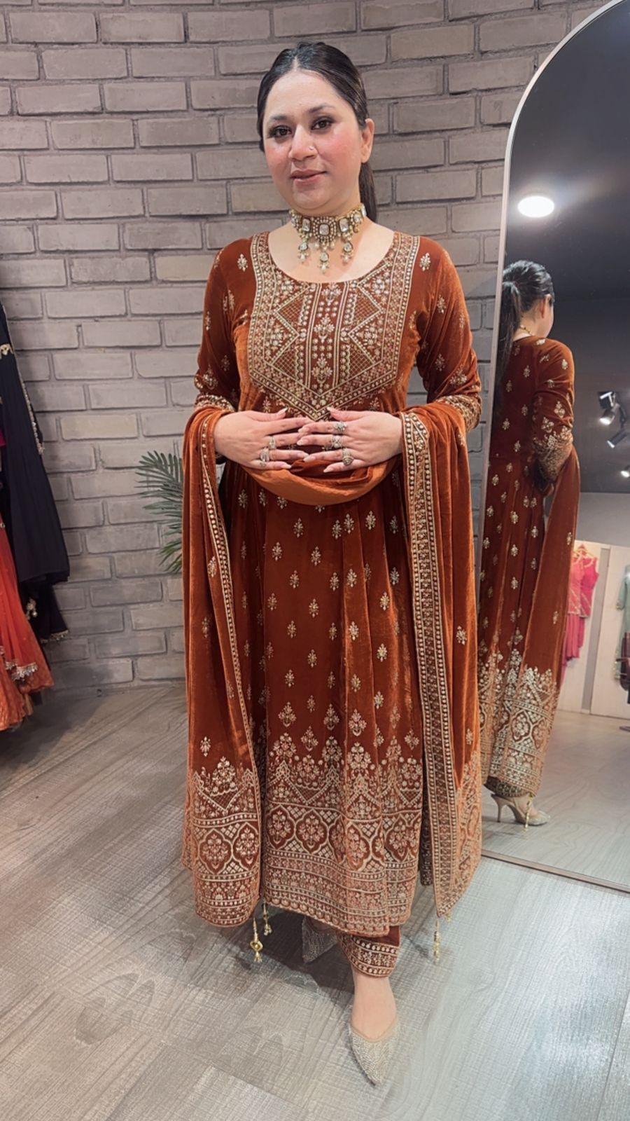 Sahiba Rust Emboss Velvet Anarkali