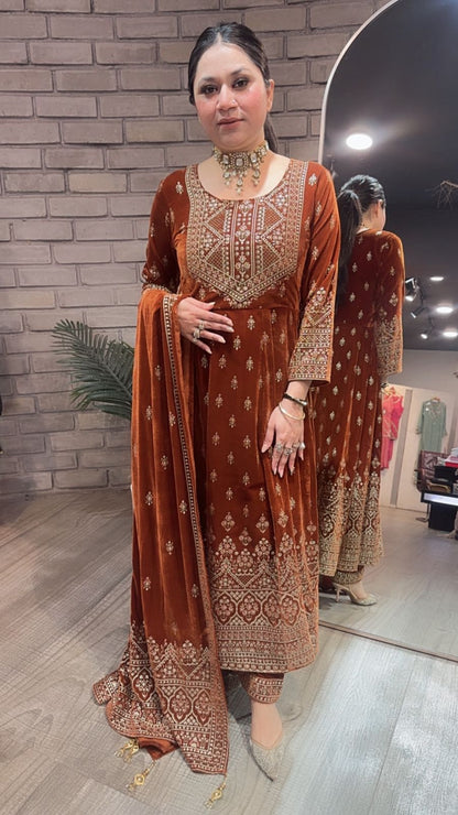 Sahiba Rust Emboss Velvet Anarkali
