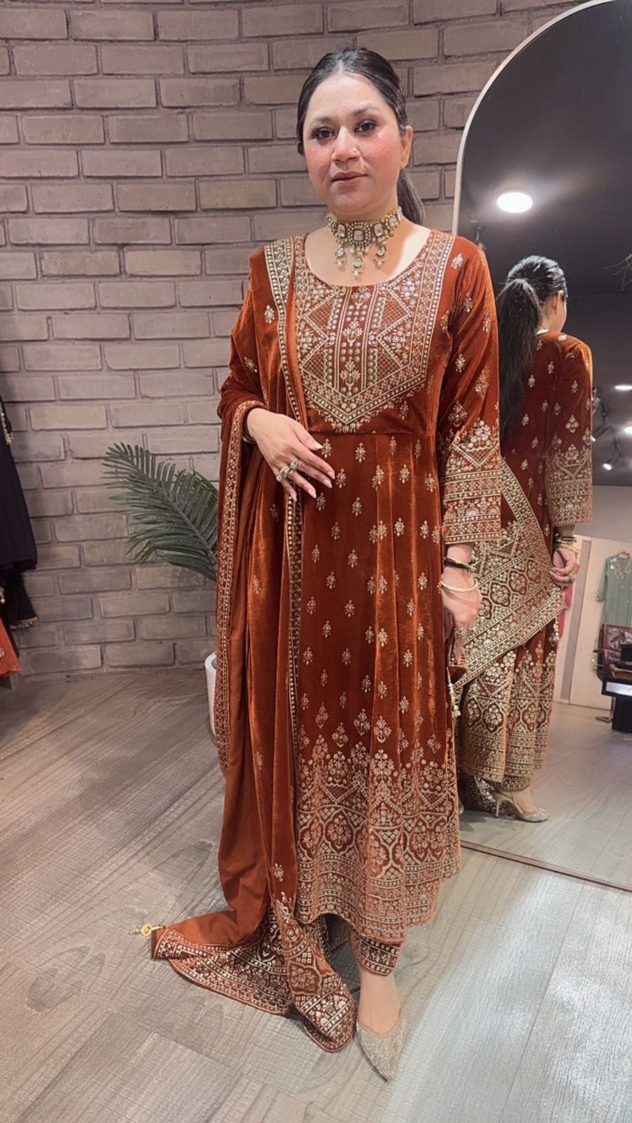 Sahiba Rust Emboss Velvet Anarkali