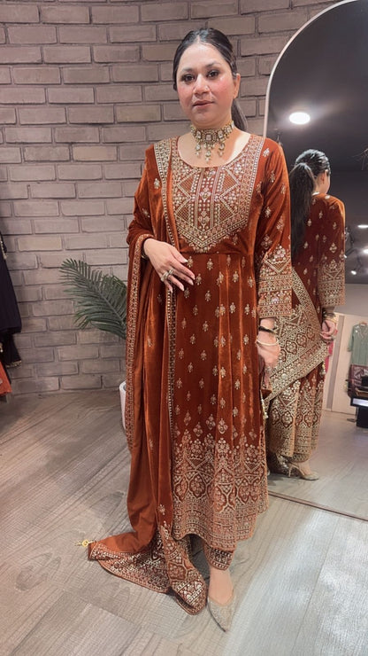 Sahiba Rust Emboss Velvet Anarkali