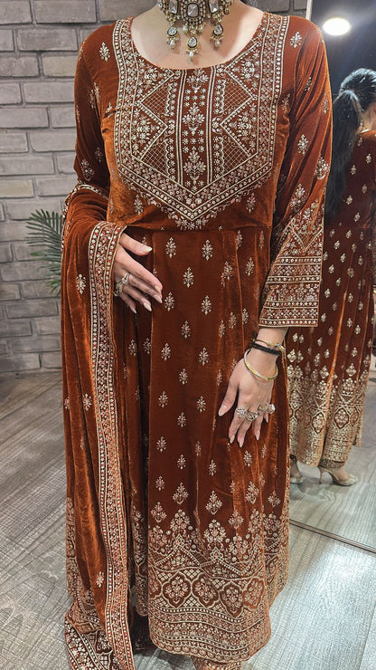Sahiba Rust Emboss Velvet Anarkali