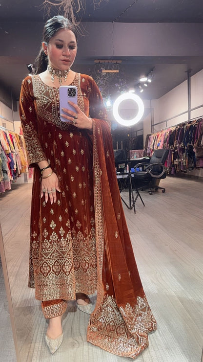 Sahiba Rust Emboss Velvet Anarkali
