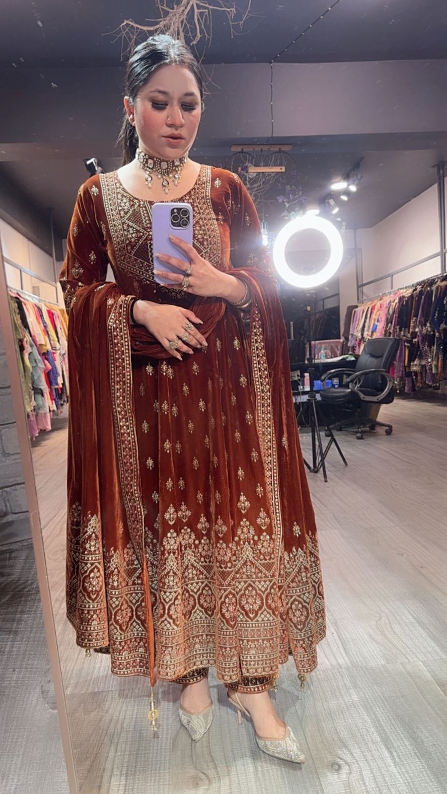 Sahiba Rust Emboss Velvet Anarkali