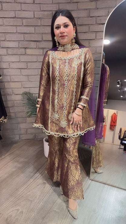 Sufi wine Brocade Designer Suit