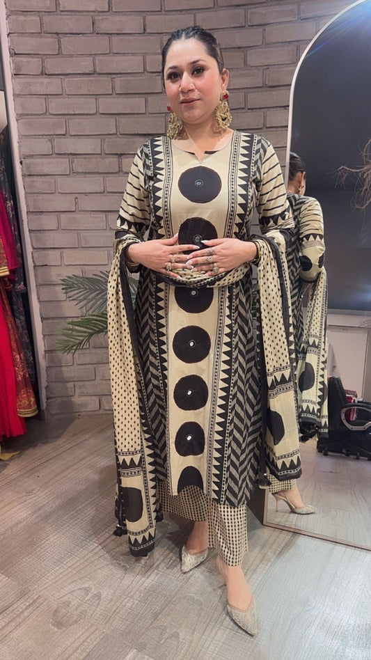 Johari Beige Black Digital A-line Suit