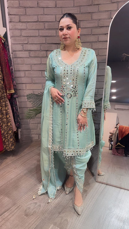 Farzi Aqua Blue mirror work Dhoti Style Suit