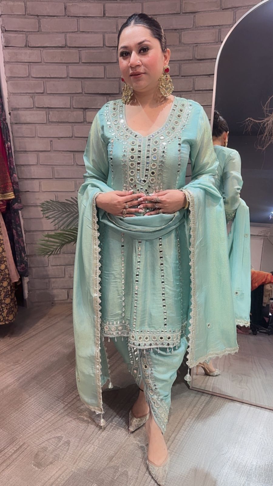 Farzi Aqua Blue mirror work Dhoti Style Suit