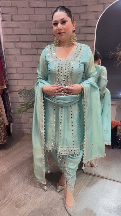 Farzi Aqua Blue mirror work Dhoti Style Suit