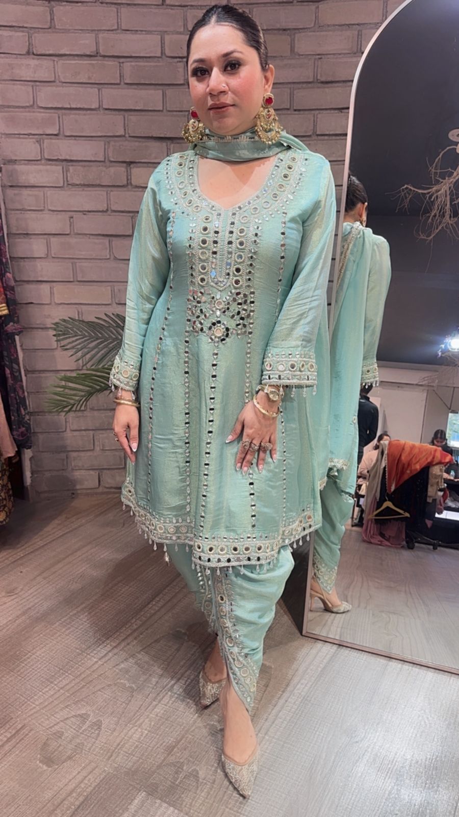 Farzi Aqua Blue mirror work Dhoti Style Suit