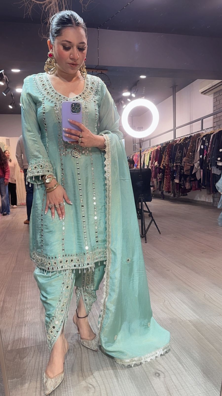 Farzi Aqua Blue mirror work Dhoti Style Suit