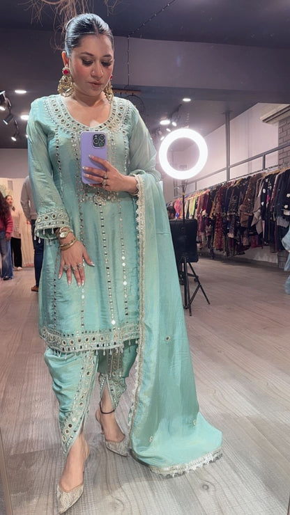 Farzi Aqua Blue mirror work Dhoti Style Suit