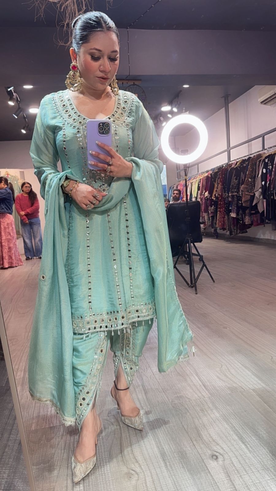 Farzi Aqua Blue mirror work Dhoti Style Suit