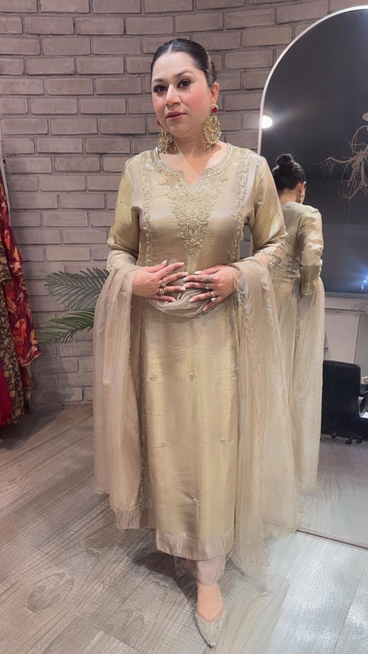 Curry Golden Designer A-Line Cotton Shimmer Suit