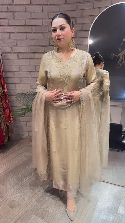 Curry Golden Designer A-Line Cotton Shimmer Suit