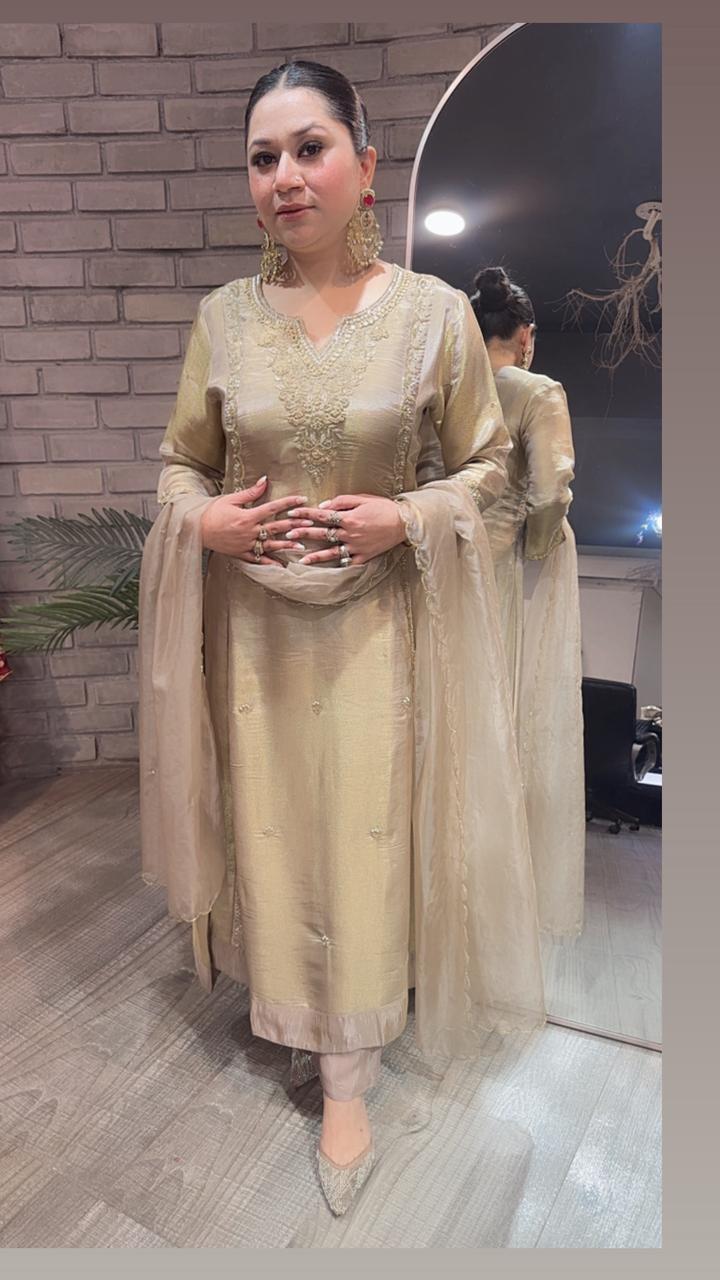 Curry Golden Designer A-Line Cotton Shimmer Suit