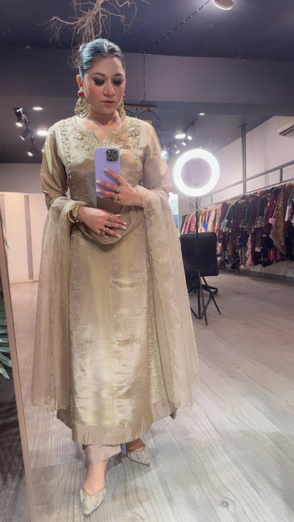 Curry Golden Designer A-Line Cotton Shimmer Suit