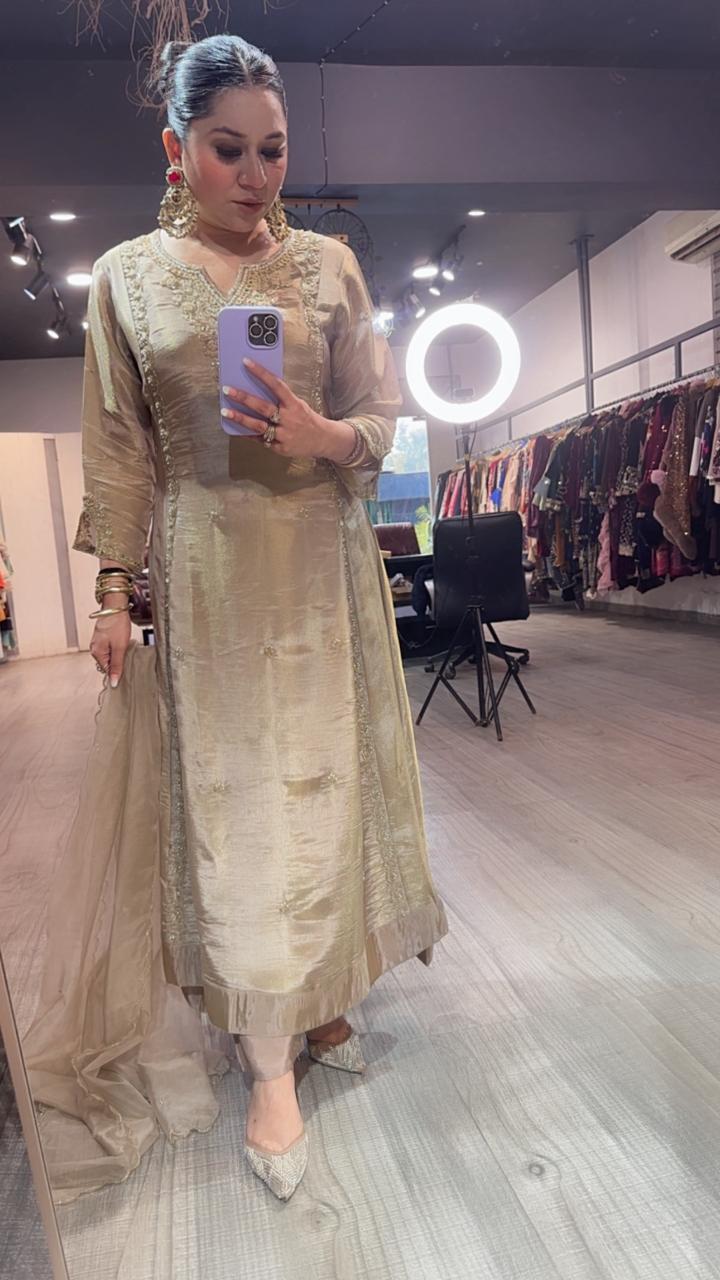 Curry Golden Designer A-Line Cotton Shimmer Suit