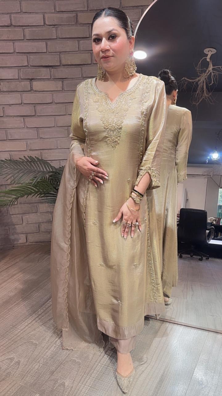Curry Golden Designer A-Line Cotton Shimmer Suit