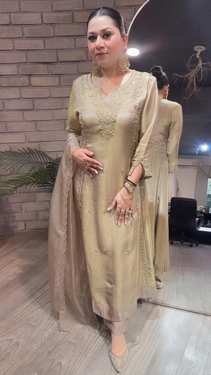 Curry Golden Designer A-Line Cotton Shimmer Suit