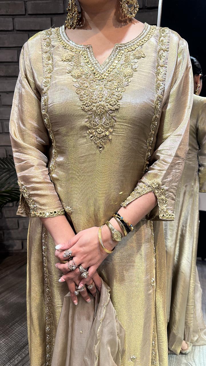 Curry Golden Designer A-Line Cotton Shimmer Suit