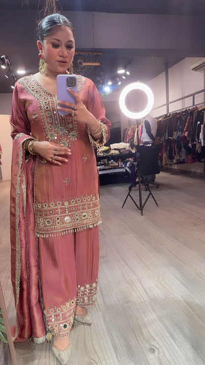 Jashan onion pink Mirror Farshi Designer Suit