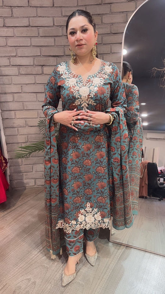 Dildaar Teal Blue Digital Cotton Designer Suit