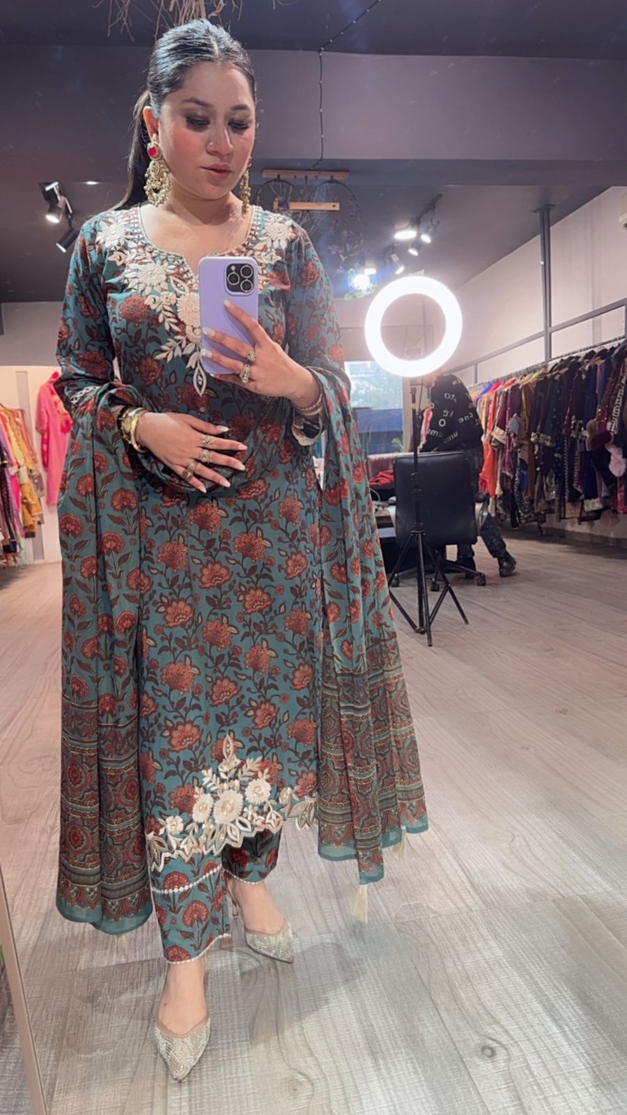 Dildaar Teal Blue Digital Cotton Designer Suit