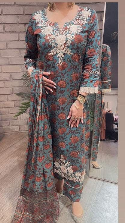 Dildaar Teal Blue Digital Cotton Designer Suit