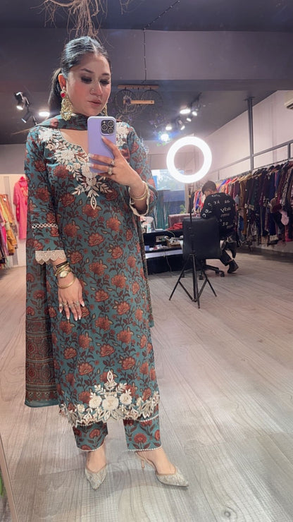 Dildaar Teal Blue Digital Cotton Designer Suit