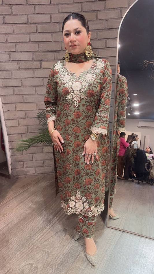 Dildaar Green Digital Cotton Designer Suit