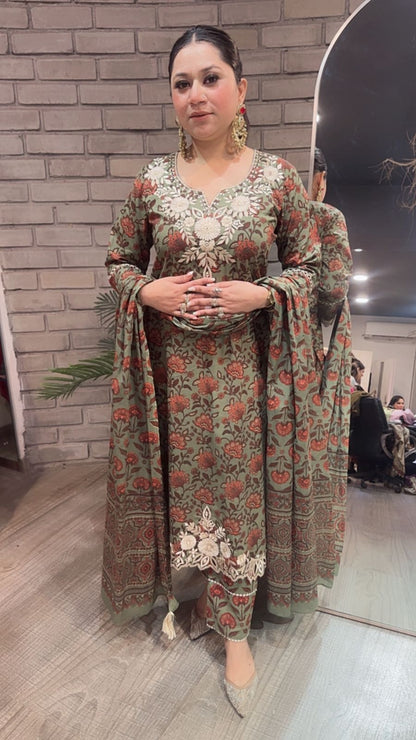 Dildaar Green Digital Cotton Designer Suit