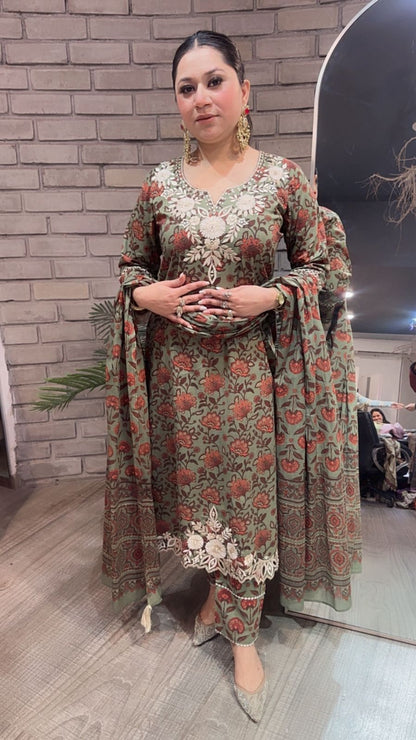 Dildaar Green Digital Cotton Designer Suit