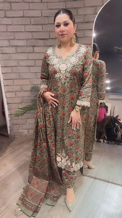 Dildaar Green Digital Cotton Designer Suit