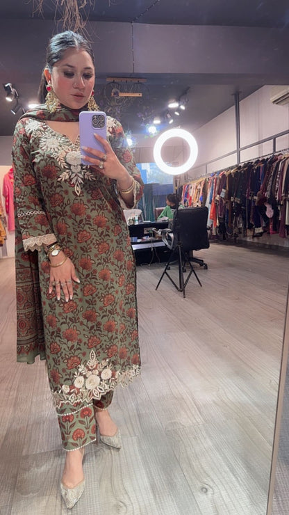 Dildaar Green Digital Cotton Designer Suit