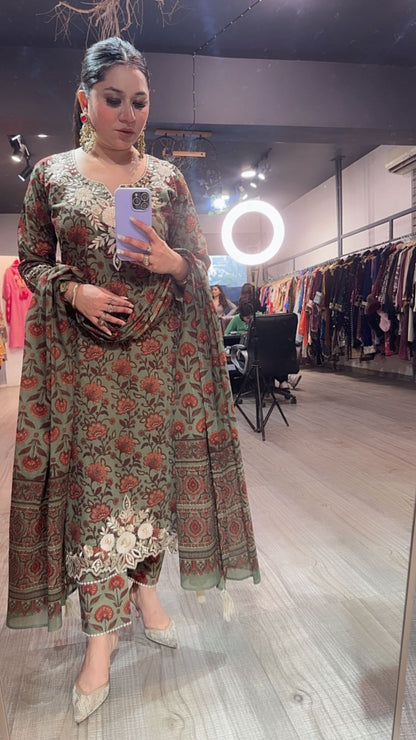 Dildaar Green Digital Cotton Designer Suit