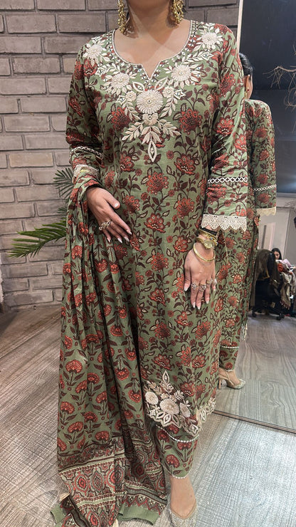 Dildaar Green Digital Cotton Designer Suit