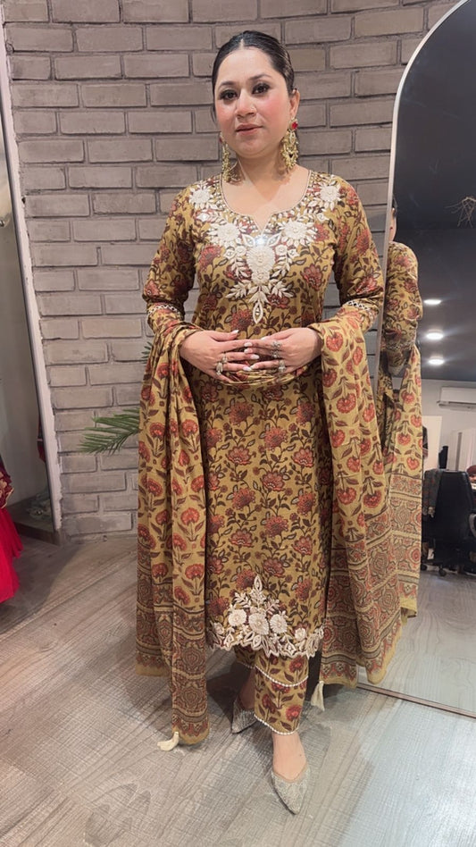 Dildaar Musturd Digital Cotton Designer Suit