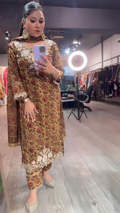 Dildaar Musturd Digital Cotton Designer Suit