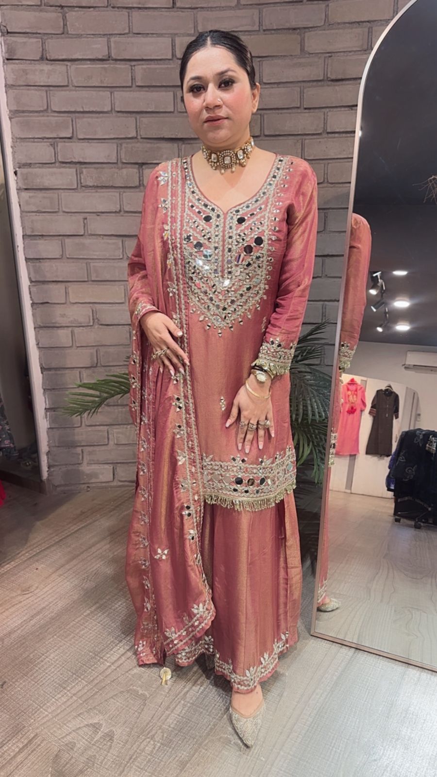 Basanti Onion pink Mirror Designer suit
