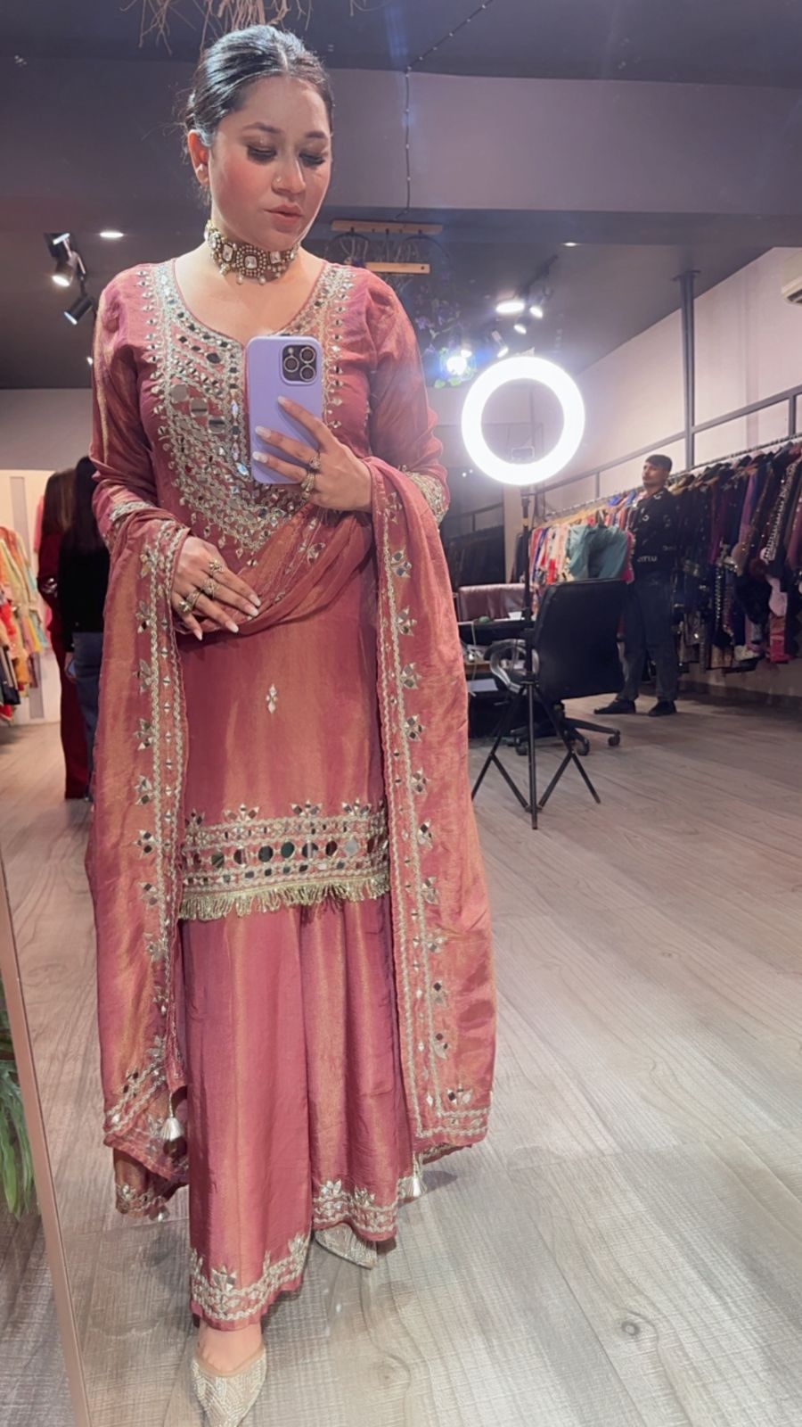 Basanti Onion pink Mirror Designer suit