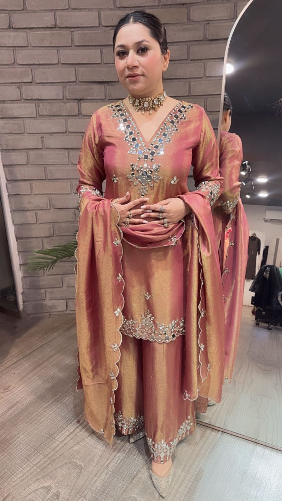 Sanskari Onion pink  Mirror Designer suit