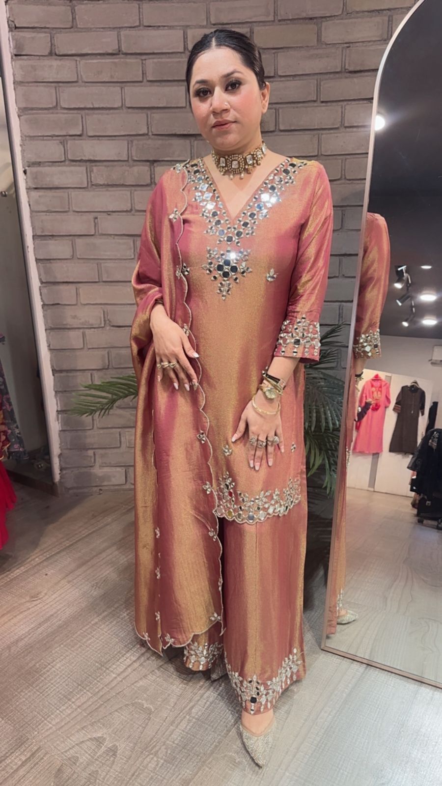 Sanskari Onion pink  Mirror Designer suit
