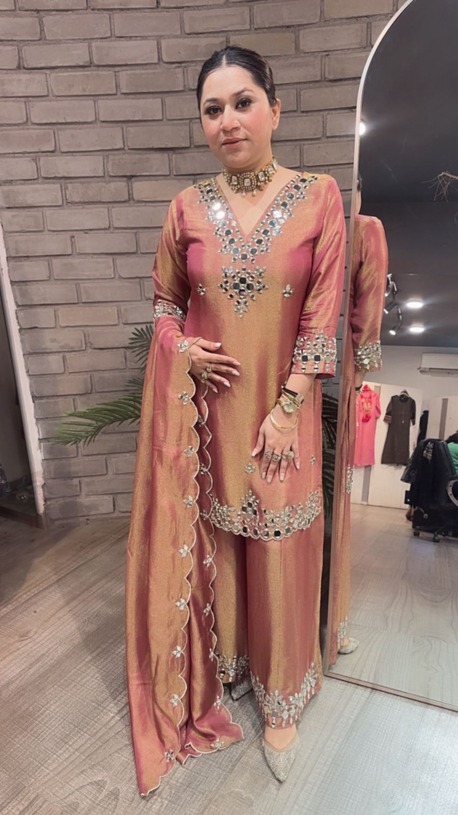 Sanskari Onion pink  Mirror Designer suit