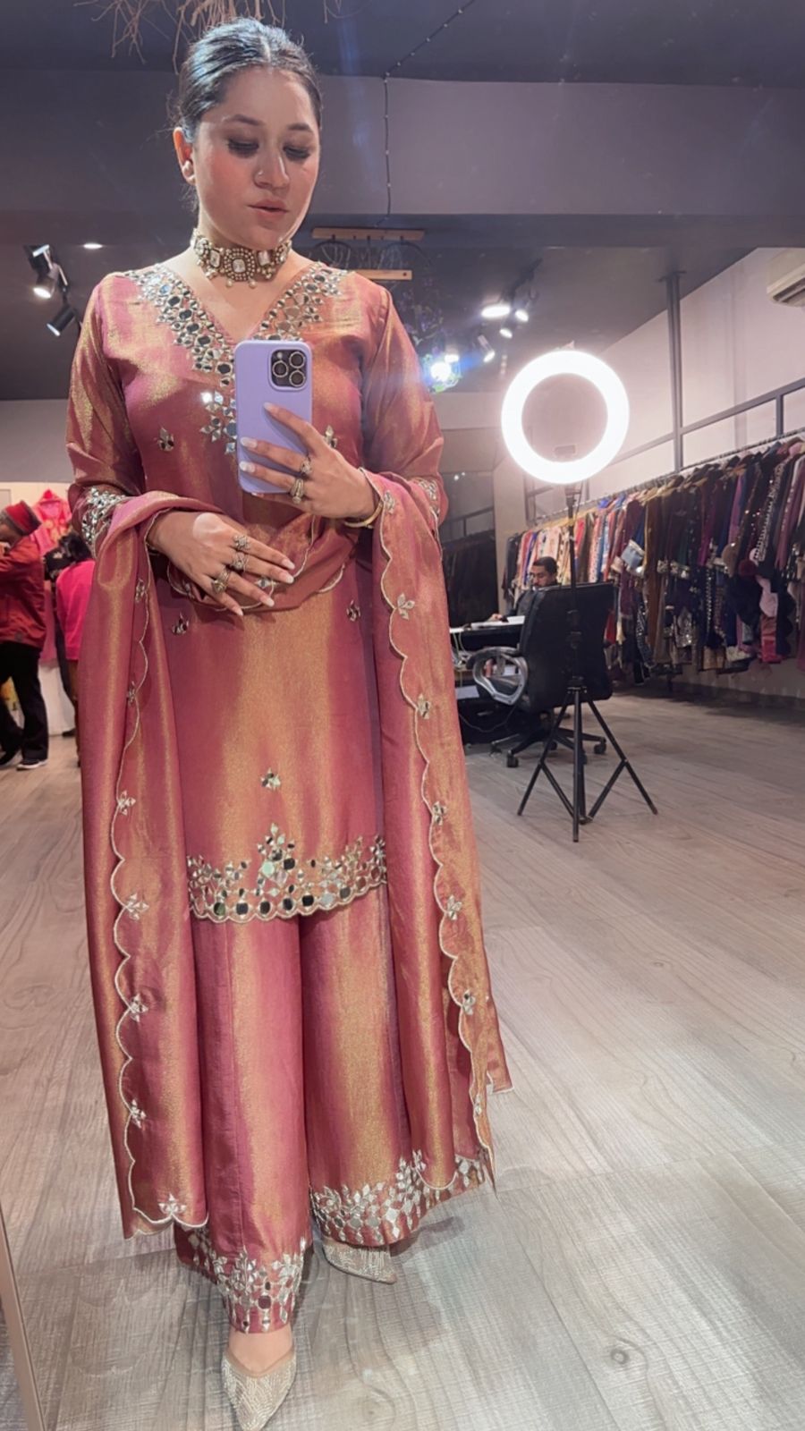 Sanskari Onion pink  Mirror Designer suit